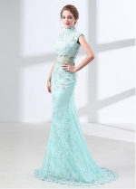 Lace High Collar Neckline Cap Sleeves Mermaid Evening Dress With Beadings