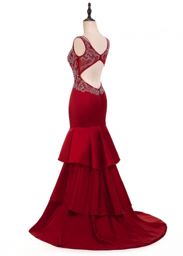 Fabulous Satin V-neck Neckline Mermaid Evening Dresses With Beaded Embroidery