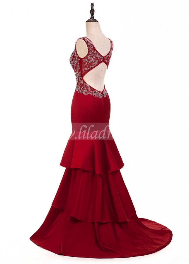 Fabulous Satin V-neck Neckline Mermaid Evening Dresses With Beaded Embroidery