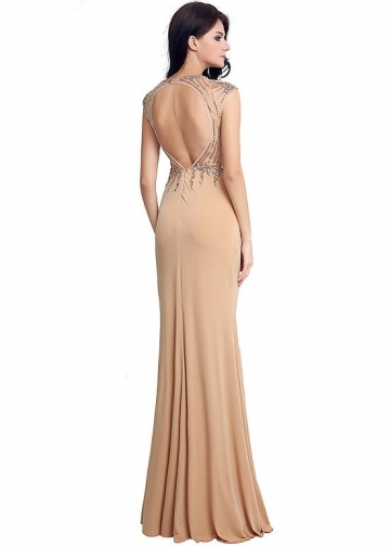 Delicate Jewel Neckline Keyhole Cut-out Back Full-length Sheath Evening Dresses With Beadings