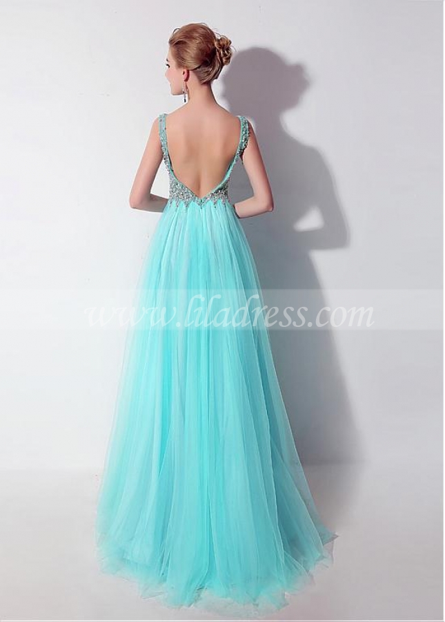 Fantastic Tulle V-neck Neckline Exposed Back A-Line Prom Dresses With Beadings