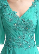 Modest Chiffon V-neck Neckline Trumpet Sleeves A-line Evening Dresses With Beaded Lace Appliques