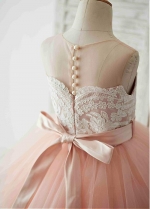 Unique Tulle & Satin Jewel Neckline Tea-length Ball Gown Flower Girl Dresses With Belt & Beadings