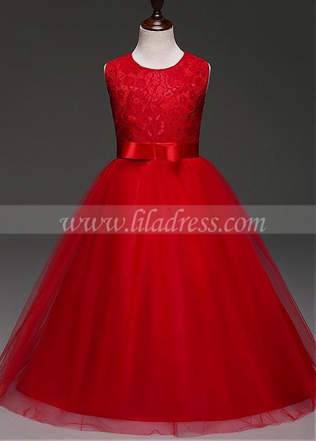 Exquisite Tulle & Lace Jewel Neckline Floor-length Ball Gown Flower Girl Dresses With Bowknot
