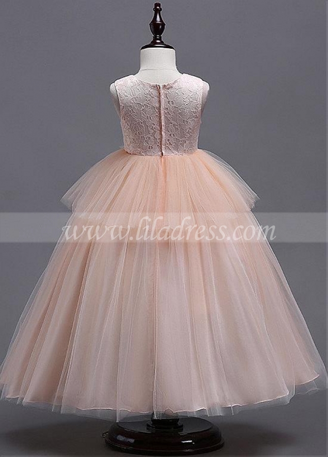 Sweet Tulle & Lace Jewel Neckline Floor-length Ball Gown Flower Girl Dress With Lace Appliques & Beadings