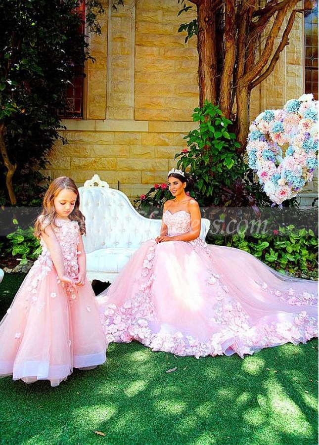 Cute Tulle Bateau Neckline Cap Sleeves Full length A-line Flower Girl Dresses With Lace Appliques & 3D Flowers & Beadings