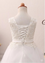 Beautiful Tulle Jewel Neckline A-line Flower Girl Dress With Lace Appliques & Handmade Flowers & Belt