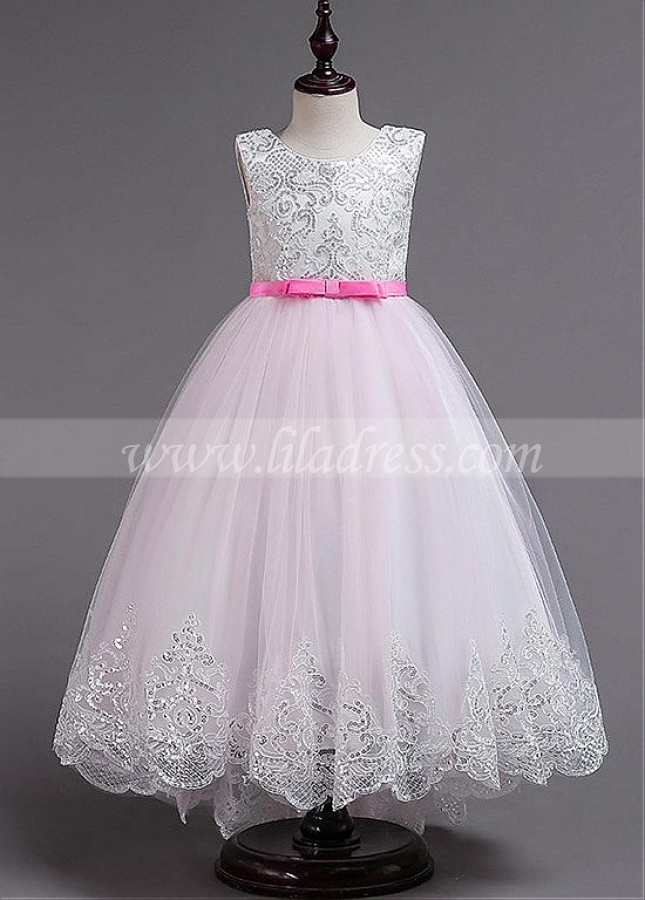Fashionable Tulle & Sequin Lace jewel Neckline A-line Flower Girl Dresses With Bowknots