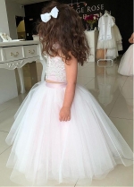Gorgeous Satin & Tulle Floor-length Ball Gown Flower Girl Dresses With Beaded Lace Appliques