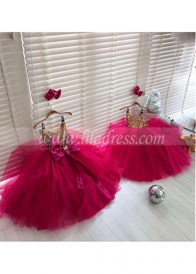 Pretty Sequin Lace & Tulle Jewel Neckline A-line Flower Girl Dresses With Bowknot