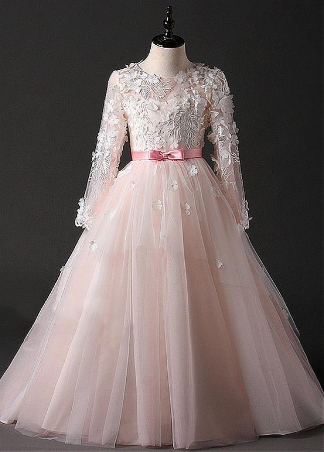 Beautiful Tulle Jewel Neckline A-line Flower Girl Dress With Handmade Flowers & Bowknot & Lace Appliques