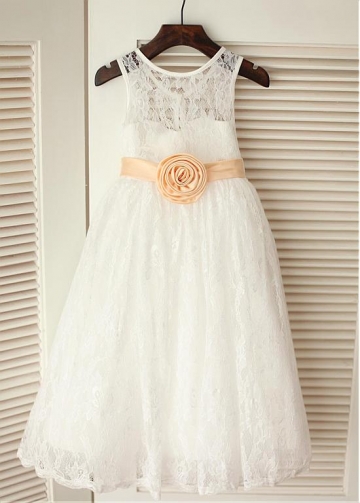Graceful Lace Jewel Neckline Ankle-length A-line Flower Girl Dresses With Handmade Flowers