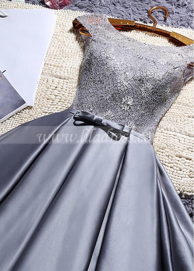 Fabulous Satin & Lace Jewel Neckline Short A-line Homecoming Dresses