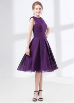 Purple Chiffon Jewel Neckline Knee-length A-line Homecoming / Bridesmaid Dress With Lace Appliques