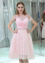 Wonderful Tulle & Lace Pink Knee-length A-line Homecoming / Sweet 16 Dresses With Beadings