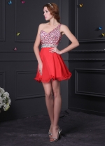 Amazing Red Chiffon A-line One Shoulder Neckline Short Homecoming Dress With diamantes