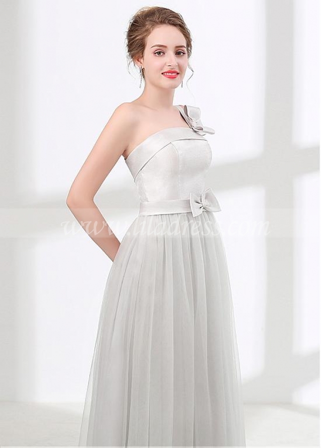 Unique Tulle & Satin One-shoulder Neckline A-line Bridesmaid Dress With Bowknots