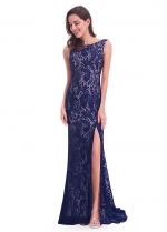 Sexy Lace Bateau Neckline Full Length Mermaid Prom Dresses With Slit