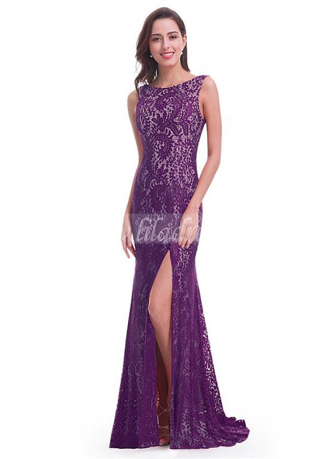 Sexy Lace Bateau Neckline Full Length Mermaid Prom Dresses With Slit