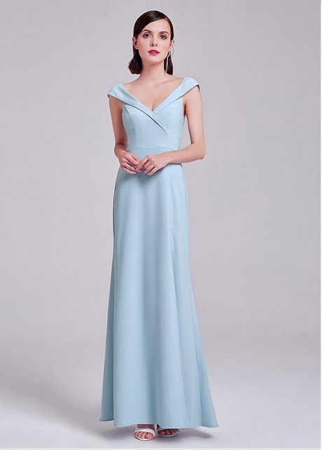 Graceful Skyblue V-neck Neckline Cap Sleeves Floor-length A-line Bridesmaid Dress