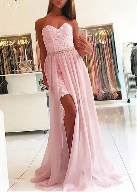 Glamorous Lace & Chiffon Sweetheart Neckline 2 In 1 Prom Dress With Beadings & Detachable Skirt