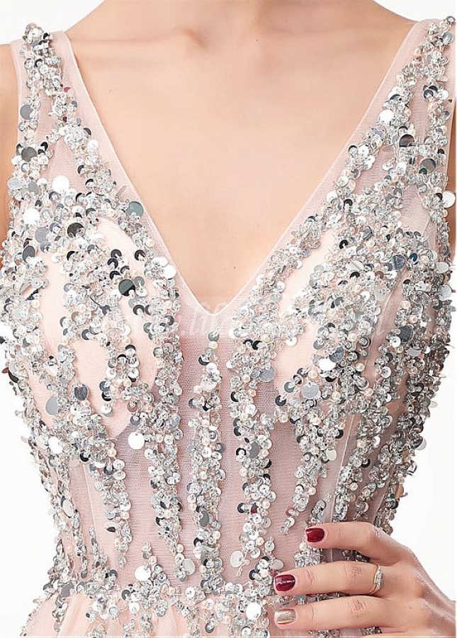Brilliant Tulle V-neck Neckline Floor-length A-line Prom Dress With Beadings