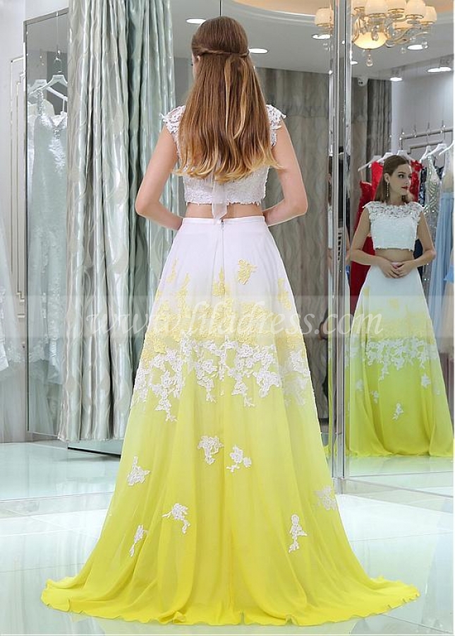 Unique Tulle & Chiffon Jewel Neckline Cut-out A-line Two-piece Prom Dresses With Beaded Lace Appliques