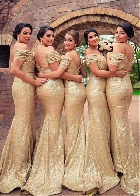Delicate Sequin Lace Off-the-shoulder Neckline Floor-length Mermaid Gold Bridesmaid Dresses