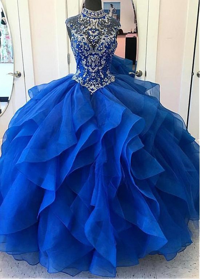 Splendid Tulle & Organza High Collar Floor-length Ball Gown Quinceanera Dresses With Beadings