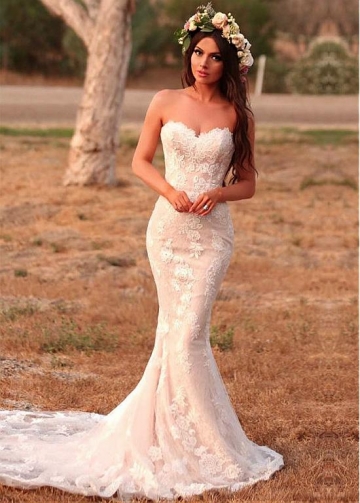Attractive Tulle & Lace Sweetheart Neckline Mermaid Wedding Dresses With Beadings & Lace Appliques
