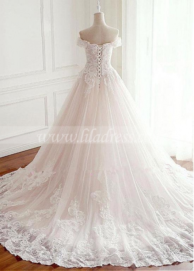 Fascinating Tulle Off-the-shoulder Neckline A-line Wedding Dress With Lace Appliques & Beadings