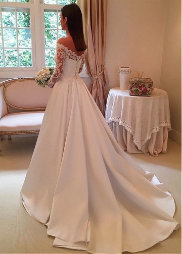 Wonderful Tulle & Satin Off-the-shoulder Neckline A-line Wedding Dress With Lace Appliques