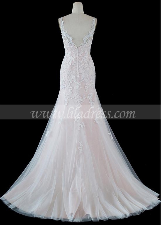 Amazing Tulle V-neck Neckline Mermaid Wedding Dresses With Lace Appliques