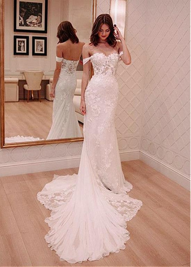 Romantic Tulle & Lace Off-the-shoulder Neckline Mermaid Wedding Dresses With Lace Appliques