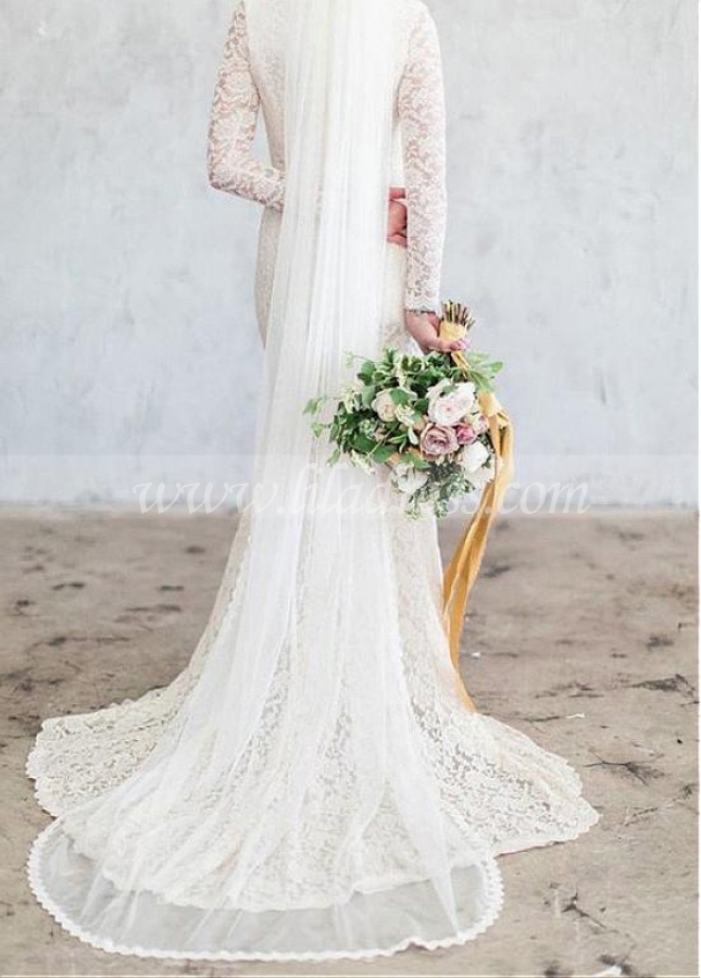 Delicate Lace High Collar Full Length Mermaid Wedding Dress