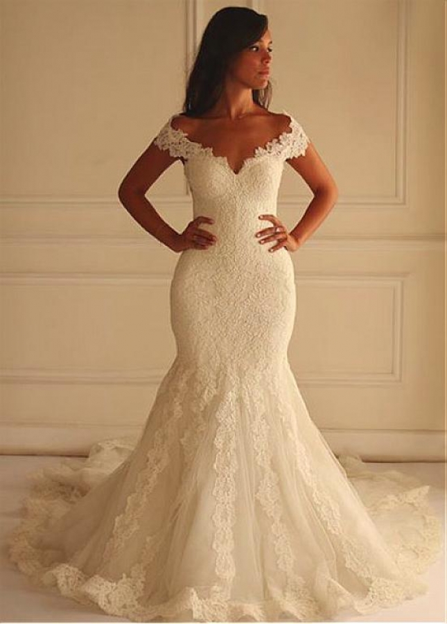 Stunning Lace Off-the-shoulder Neckline Mermaid Wedding Dress