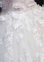 Amazing Tulle Off-the-shoulder Neckline See-through Bodice Ball Gown Wedding Dress With Beaded Lace Appliques & 3D Flowers