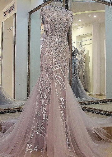 Elegant Tulle Jewel Neckline Mermaid Wedding Dresses With Beadings & Lace Appliques
