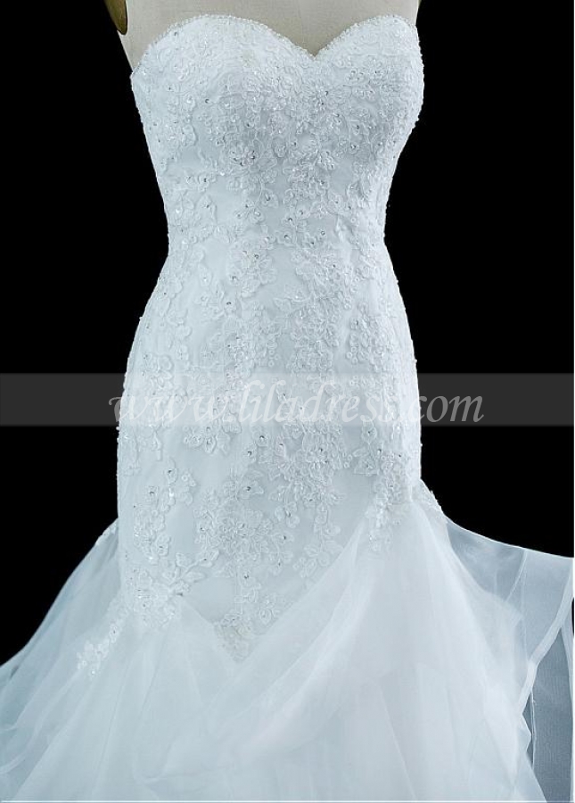 Exquisite Organza Sweetheart Neckline Mermaid Wedding Dresses With Beaded Lace Appliques & Ruffles