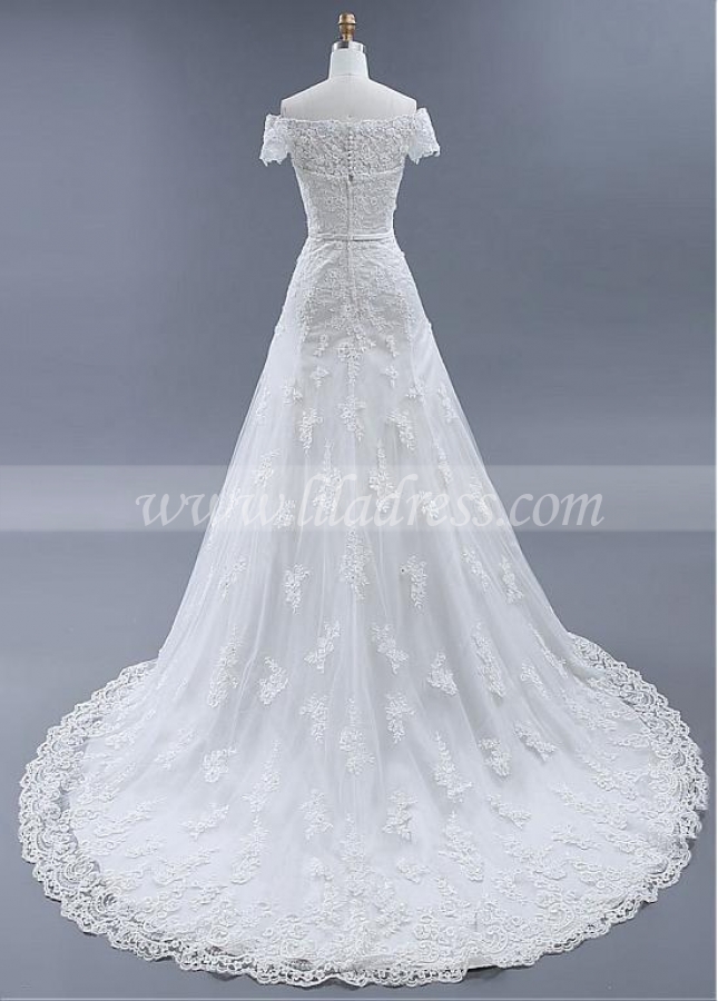 Fabulous Tulle Off-the Shoulder Neckline A-line Wedding Dresses With Beadings & Lace Appliques & Belt