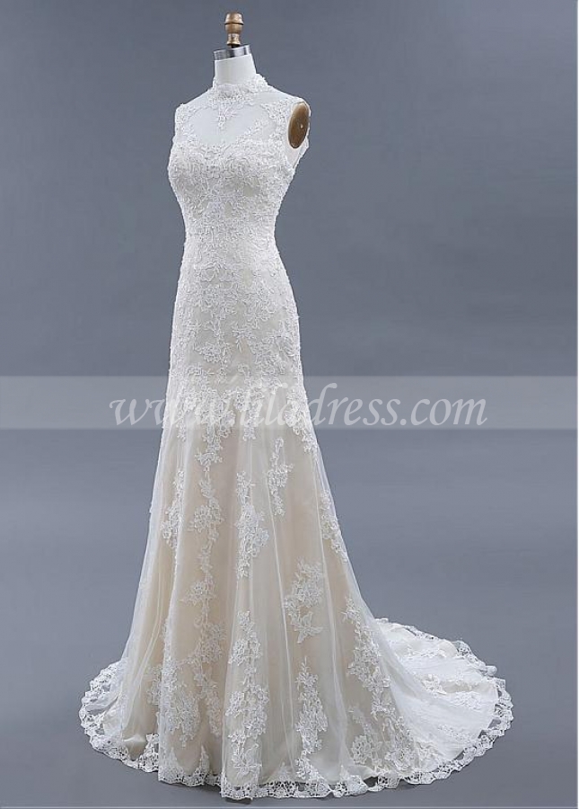 Wonderful Tulle Illusion High Collar Mermaid Wedding Dresses With Beadings & Lace Appliques
