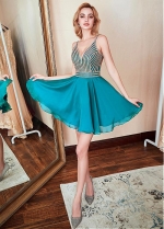 Charming Chiffon Spaghetti Straps Neckline Short A-line Homecoming Dress With Bead Chains