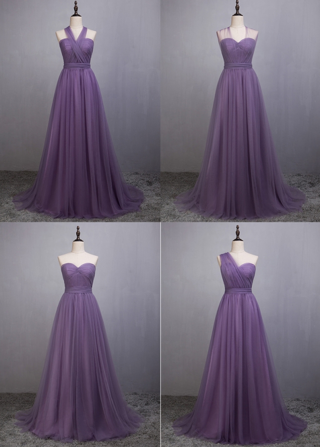 Elegant Tulle Sweetheart Neckline Full-length A-line Convertible Bridesmaid Dress With Pleats