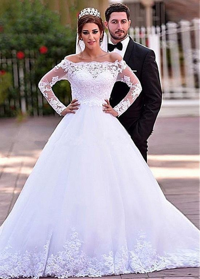 Attractive Tulle Off-the-shoulder Neckline A-line Wedding Dress With Lace Appliques & Beadings