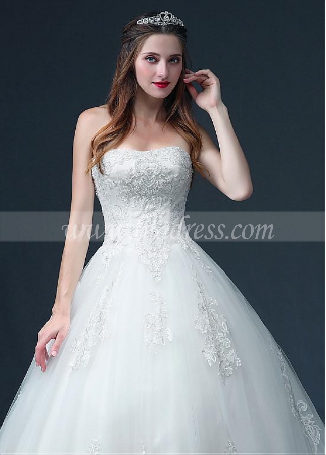 Junoesque Tulle Strapless Neckline Ball Gown Wedding Dress With Lace Appliques & Beadings
