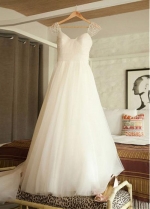 Glamorous Tulle Scoop Neckline A-line Wedding Dress With Beadings & Detachable Belt