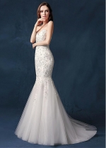 Brilliant Tulle Sweetheart Neckline Natural Waistline Mermaid Wedding Dress With Sequin Lace Appliques & Beadings