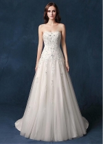 Delicate Tulle Strapless Neckline Natural Waistline A-line Wedding Dress With Beaded Lace Appliques