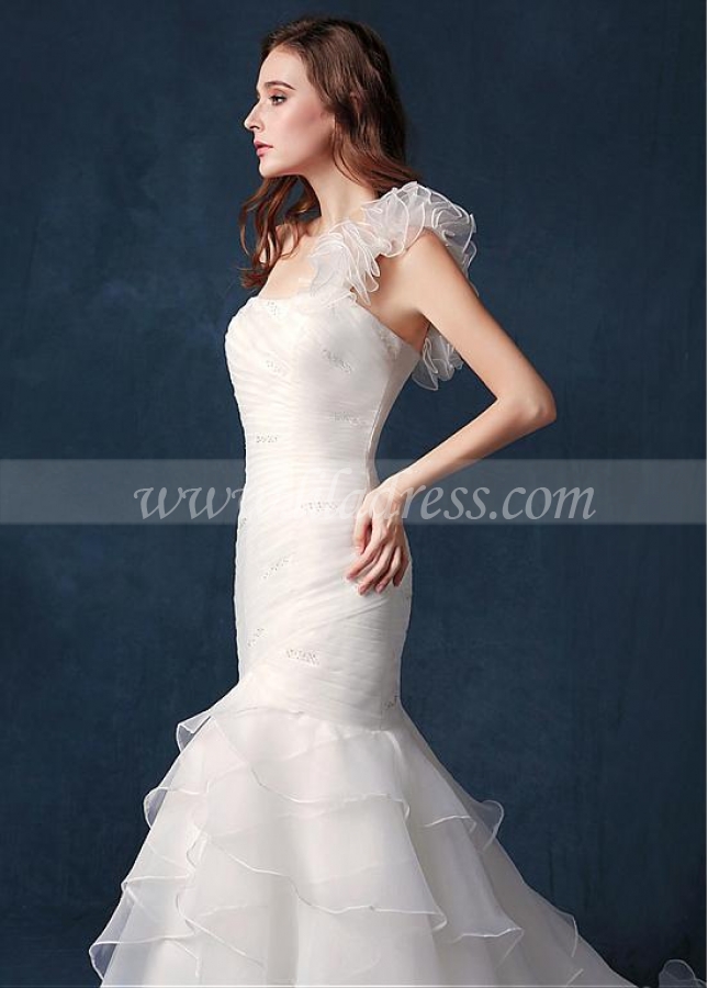 Exquisite Organza One Shoulder Neckline Natural Waistline Mermaid Wedding Dress With Ruffles & Beadings
