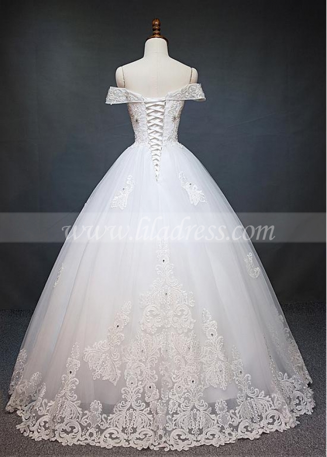 Gorgeous Tulle Off-the-Shoulder Neckline Ball Gown Wedding Dress With Lace Appliques & Beadings